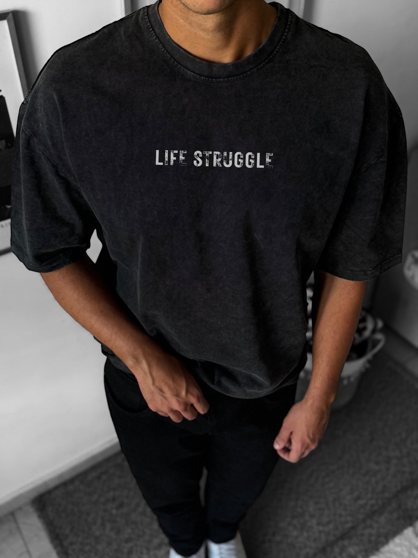 Life struggle dark grey washed oversized T-shirt